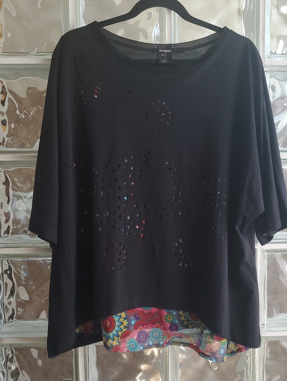 Desigual Black Laser-Cut Tunic with Colorful Print  Hem